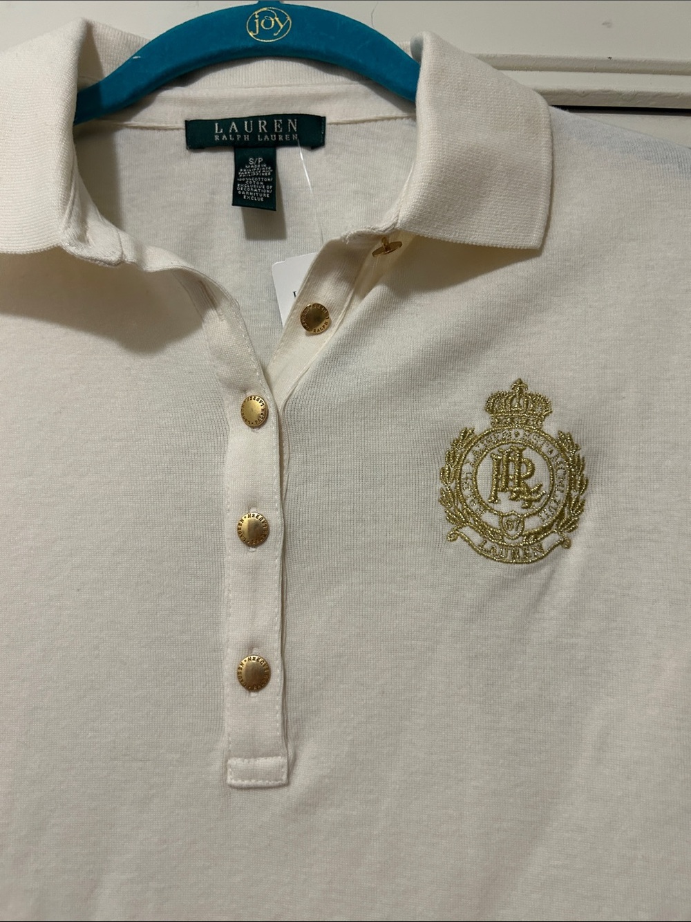 Lauren Ralph Lauren Cream 3/4 Sleeve Polo Gold Crest Buttons S/P NWT As is - Picture 4 of 10